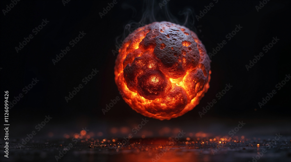 Poster a split meteorite with liquid lava inside . generative ai