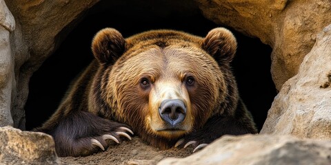 Grizzly bear resting comfortably in its den, showcasing the natural behavior of a brown grizzly bear in a cozy, safe environment within its habitat. A fascinating glimpse of a brown grizzly bear.
