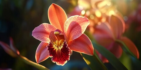 Fototapeta premium Close up view of a beautiful orchid flower showcasing its intricate details, vibrant colors, and unique shape, highlighting the beauty of this stunning orchid plant.