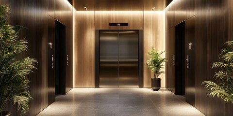 Modern elevator lift hallway showcases sleek interior design in an urban commercial setting. This interior design emphasizes functionality and style, creating an impressive elevator lift experience.