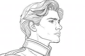 A detailed line art illustration of a young Caucasian man with stylish hair, depicted in profile wearing a decorative uniform.