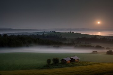Fototapeta premium Misty Moonlight Meadow: Rustic Retreat at Dawn