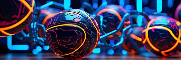 vibrant mix of abstract circuitry intertwined with basketball balls, representing AI role in personalized sports training