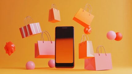 Online Shopping with a Mobile Phone and Colorful Shopping Bags