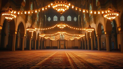 Obraz premium Grand mosque interior at night, illuminated by ornate chandeliers and warm lighting, showcasing intricate architecture and a spacious prayer hall with patterned carpets.