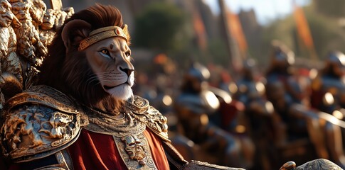 A lion king adorned in armor, prepared for war, embodying strength, courage, and leadership in a fierce battle-ready stance. Warrior concept