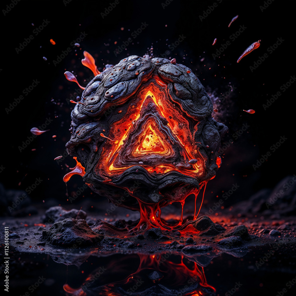 Poster a split meteorite with triangle and liquid lava inside . generative ai