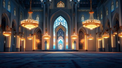 Obraz premium Grand mosque interior with ornate chandeliers, stained glass, and expansive prayer hall.