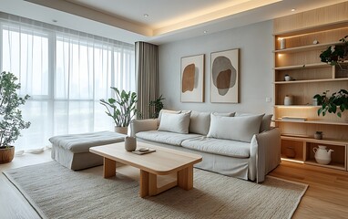 Fototapeta premium Bright living room with comfy sofa, plants, and minimalist decor.