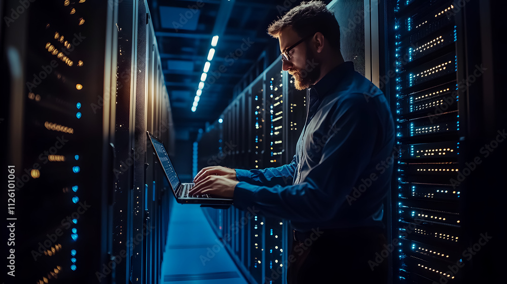 Poster an it technician working on a laptop in a large data center filled with rack servers, performing dia