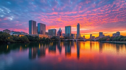Fototapeta premium stunning sunset over a city skyline reflecting on water