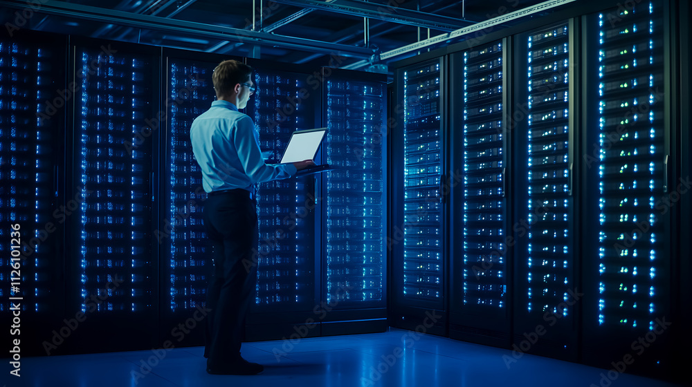 Poster an it technician working on a laptop in a large data center filled with rack servers, performing dia