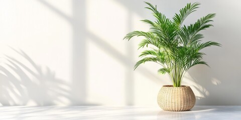 Obraz premium Tropical plant displayed in a woven basket on the floor of a bright room, showcasing the beauty of tropical plants while enhancing the vibrant atmosphere of the space.