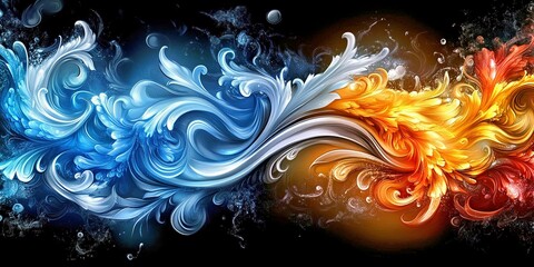 Abstract design of fire and water. Dynamic elements in vibrant energy flow. Contrast of motion and creativity in vivid background, digital illustration. Artistic imagination with modern colorful