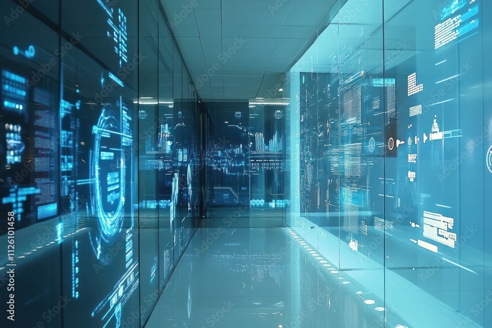 Poster futuristic corridor with holographic displays showing data analytics and network information.