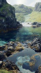 A serene coastal scene featuring clear waters and rocky formations.