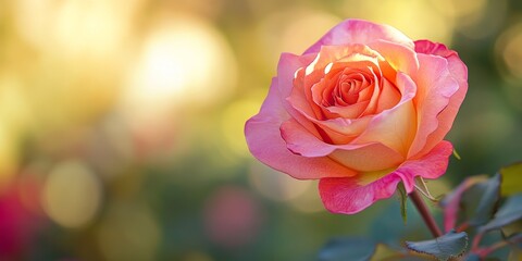 Selective focus on a fully bloomed pink and orange rose in a garden setting, showcasing the vibrant colors of the rose against a softly blurred background for added depth and beauty.