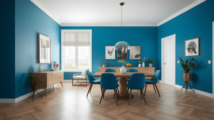 Blue Large dining and dining room table, wooden floor, interior in blue. 3D rendering.