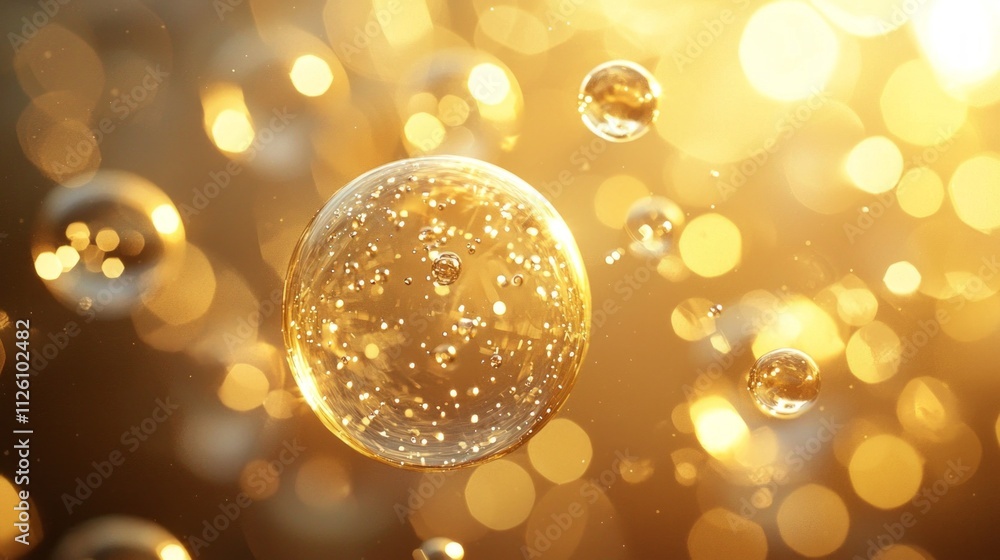 Poster bubbles float gracefully through the air, illuminated by golden light that dances around them. this 