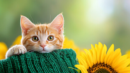 Naklejka premium A playful ginger cat nestled among vibrant sunflowers in a serene setting.