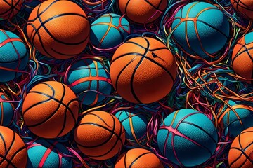 Obraz premium vibrant mix of abstract circuitry intertwined with basketball balls, representing AI role in personalized sports training