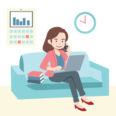 Businesswoman Working on Sofa with Laptop and Smartphone,  Flat Cartoon Vector Illustration