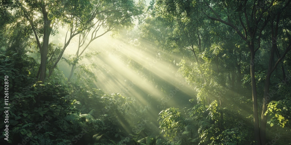 Poster sun rays filter through the dense green forest, creating a stunning interplay of light and shadow am