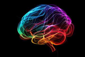 A vibrant, abstract representation of a brain with colorful, flowing lines, symbolizing creativity and cognitive processes.