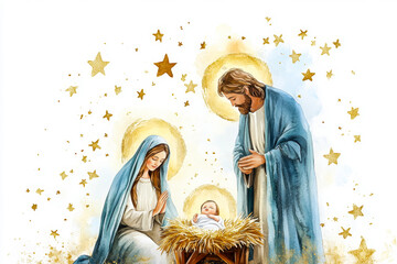 Watercolor depiction of a nativity scene showing Mary, Joseph and baby Jesus in a soft, glowing manger under shining stars