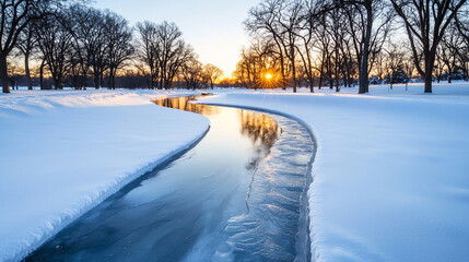 A tranquil winter scene featuring a river winding through a snow-covered landscape.