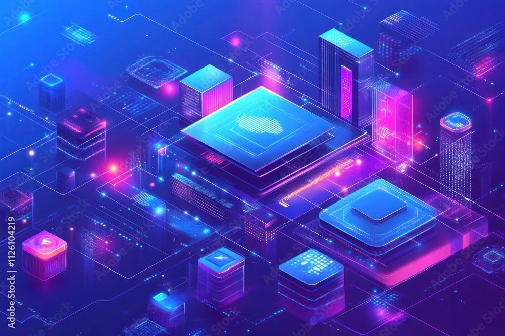 Poster abstract digital illustration of a futuristic technological system with glowing components and circu
