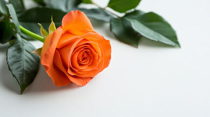 Naklejka premium A vibrant orange rose elegantly displayed with lush green leaves.
