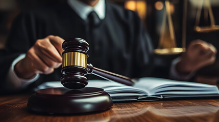 A justice and law concept with a gavel held by a male judge in a courtroom, working with legal documents and law books.