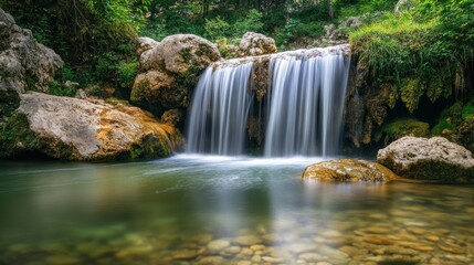 Serene Waterfall in Lush Green Forest