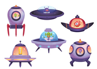 A set of vector UFO spaceships, including lights, rockets, engines on a white background