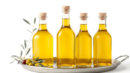 Olive oil in a bottle isolated on white background. Oil bottle with  olives branches. cooking oil and salad dressing.