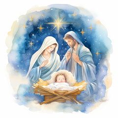Watercolor depiction of a nativity scene showing Mary, Joseph and baby Jesus in a soft, glowing manger under shining stars