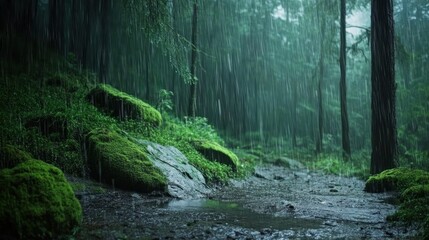 Lush green forest path during heavy rainfall, moss-covered rocks and trees.