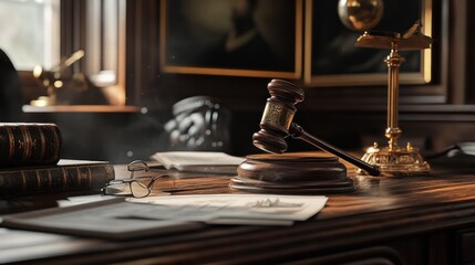 Gavel on Wooden Desk in a Law Office, Symbol of Justice and Law