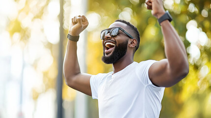 Man celebrating fitness achievement with joy and excitement outdoors