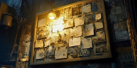 Nostalgic collage with vintage photographs on a board. Antique notes evoke memory of the past. Historical mystery and storytelling in moody setting. Nostalgia and visual narrative.