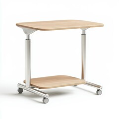 A simple, modern mobile table with a wooden top and metal legs, featuring a lower shelf for additional storage.