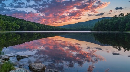 serene lake at sunset with colorful reflections in the water