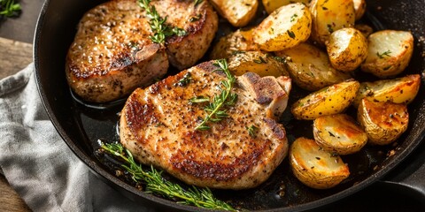 Pan seared pork cutlets, often referred to as pork chops, served alongside skillet fried potatoes, create a delicious and satisfying meal featuring pan seared pork cutlets as the star.