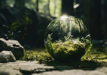Enclosed Natural Landscape within a Glass Sphere on Mossy Ground Surrounded by Lush Green Forest and Soft Natural Light