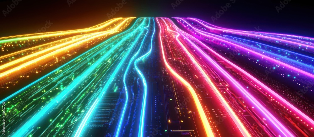 Poster abstract colorful glowing lines converging in a futuristic digital landscape.
