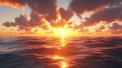 A serene sunset over calm ocean waters, reflecting vibrant colors in the sky.