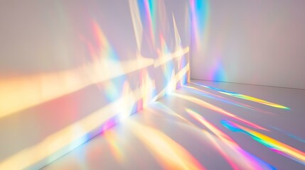 Abstract rainbow light patterns created by a prism, projected onto a clean white background