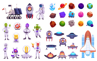 Fototapeta premium Vector space set: aliens in space suits and spacesuit, robot explorer, crystals, planets, rocket, spaceship