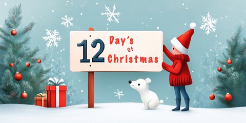 Whimsical Christmas Scene with Child, Dog, and 12 Days of Christmas Sign